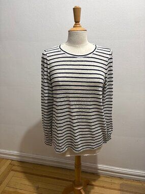 NWOT Donna Karan long sleeve crew top in linen/cotton white & black stripe